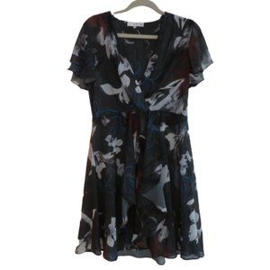 REISS Gray V Neck Floral Sheer Midi Dress - US Size 6